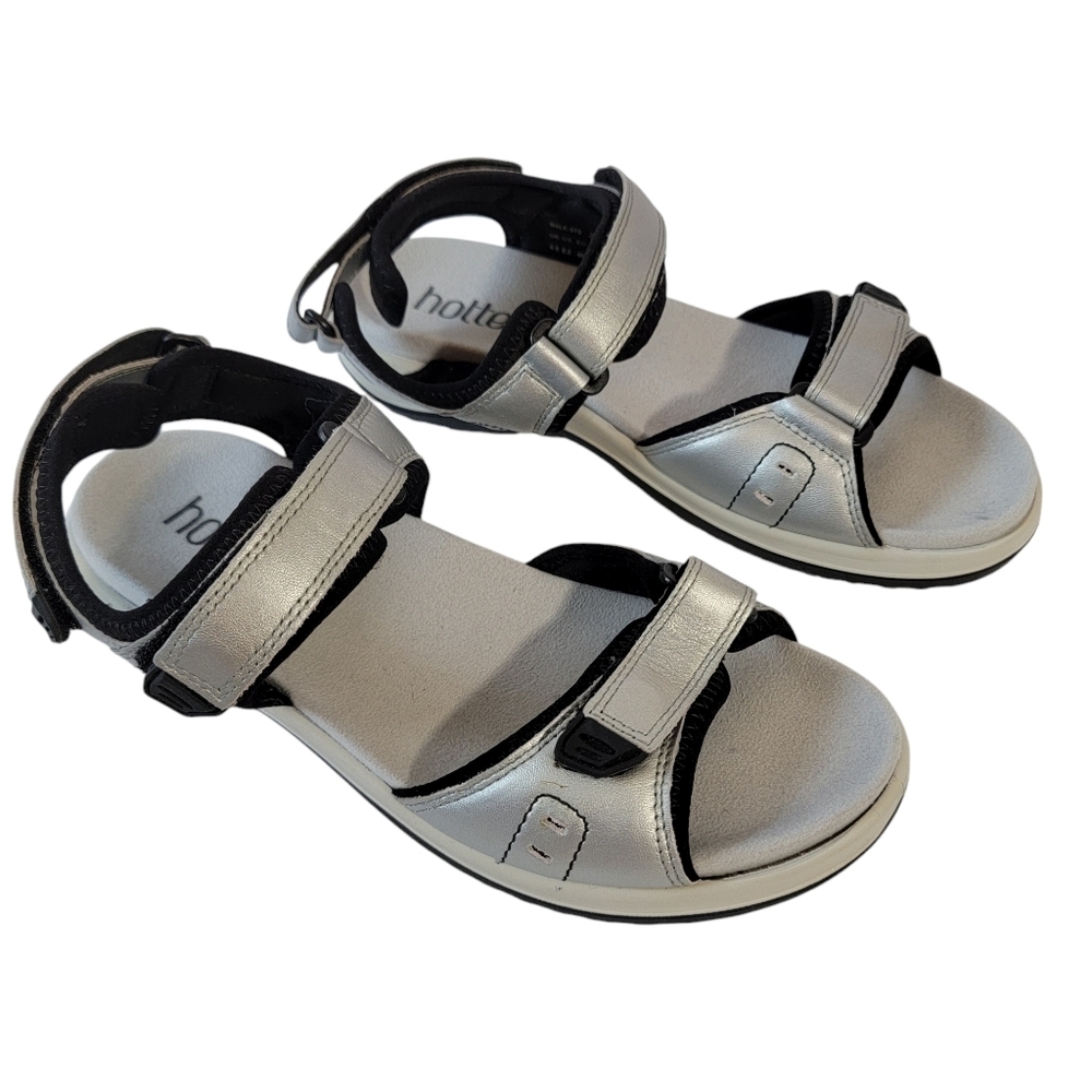 Hotter Women's Gray Silver Leather Walk-STD Sandals Size 8.5 Comfort Lightweight